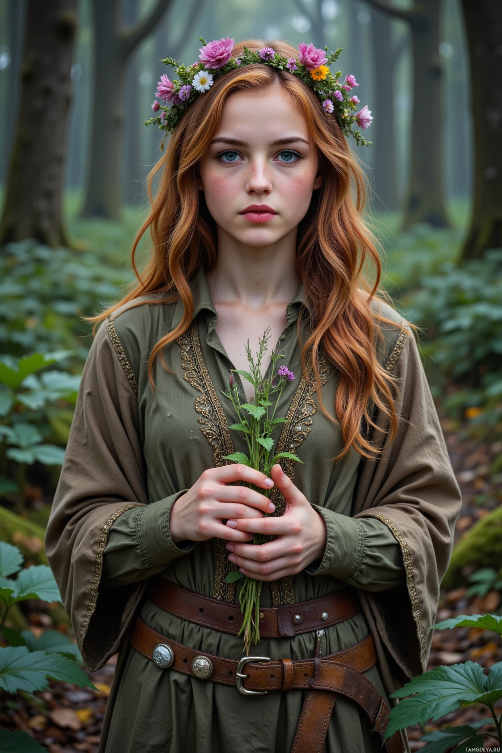 A young woman with long red hair wears a green dress and a floral crown, holding a bouquet of flowers in a forest setting.