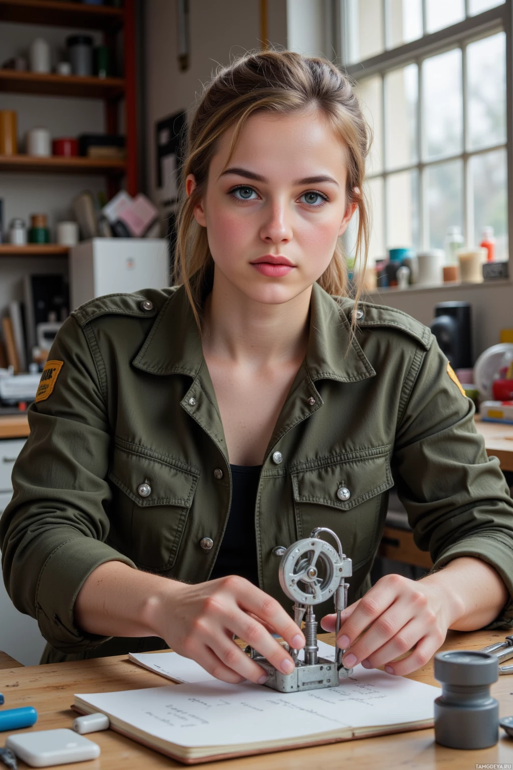 A person in a green jacket is working on a small mechanical device at a desk.