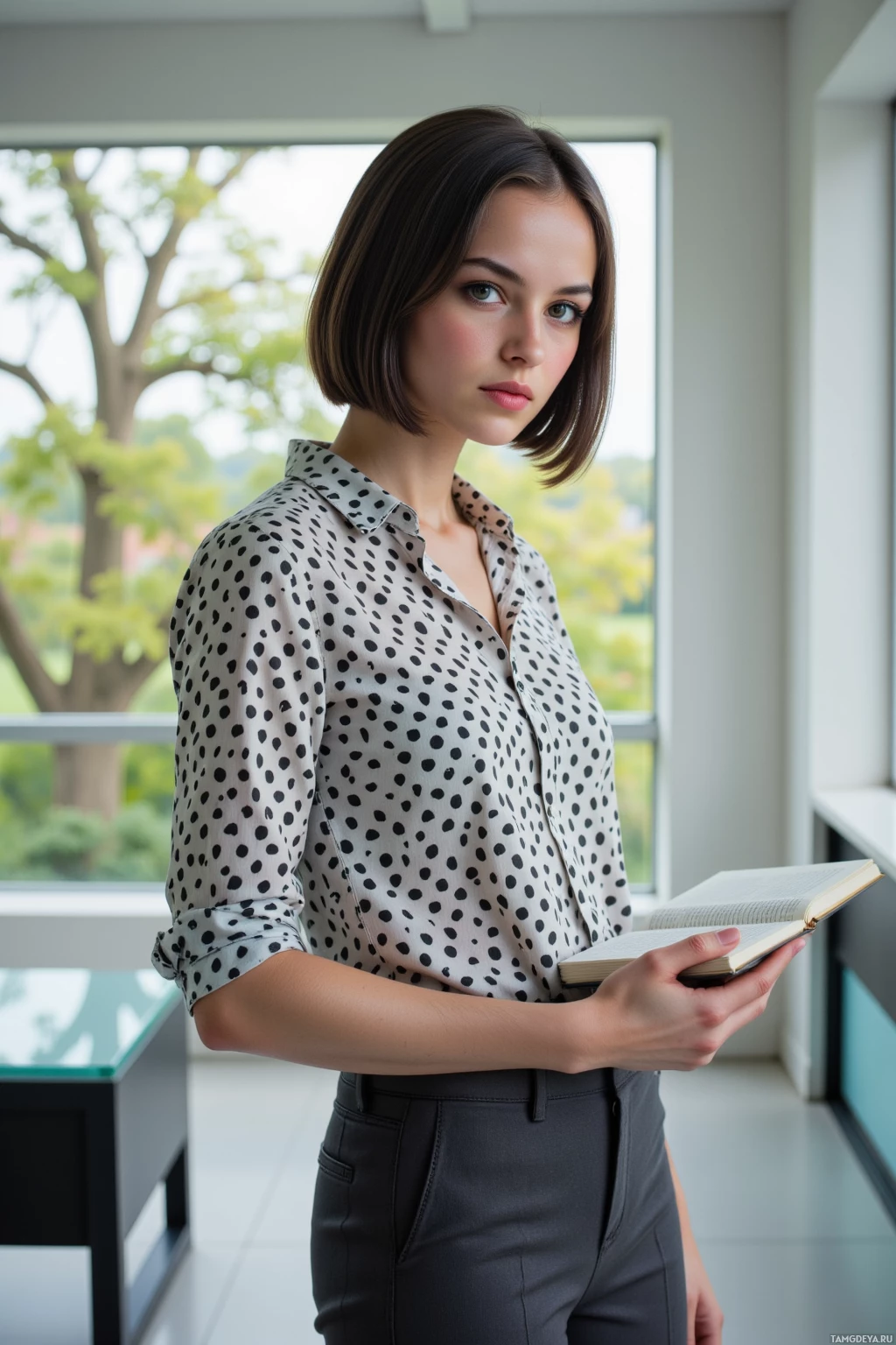 A woman in a polka-dot blouse holds an open book, standing indoors near a window.