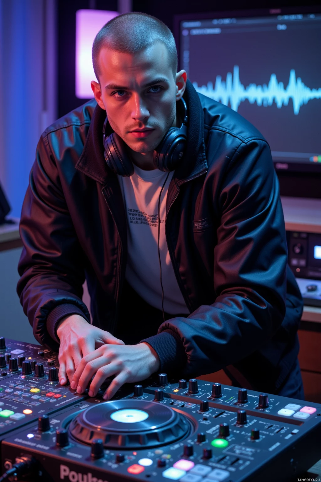 A person wearing headphones and a jacket is leaning over a DJ mixer in a dimly lit room.