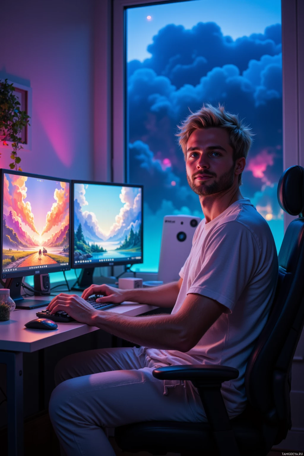 A person sits at a desk with dual monitors displaying a scenic landscape, using a keyboard and mouse in a dimly lit room.