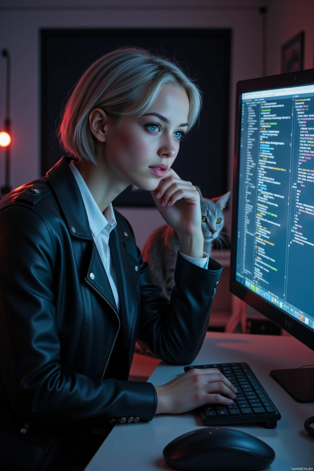 A person in a leather jacket works at a computer with a cat in the background.