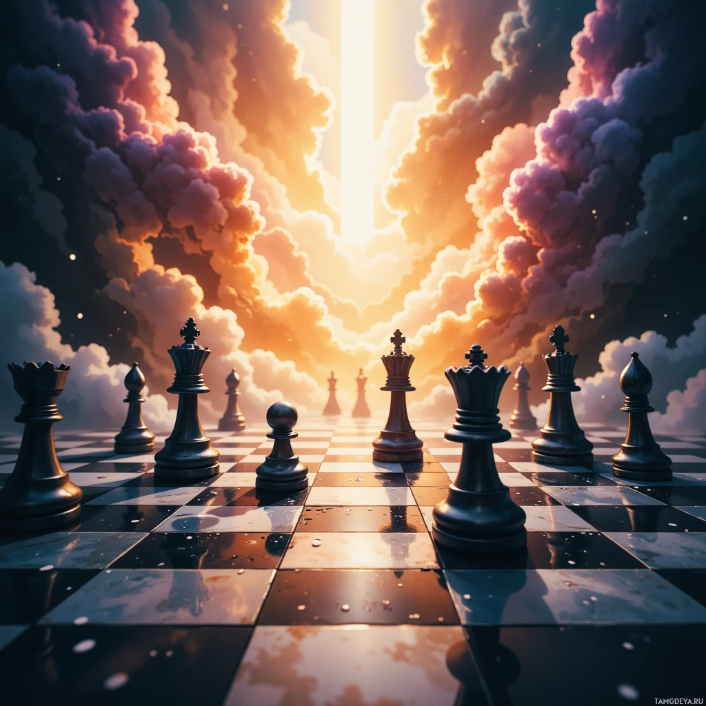 A surreal chessboard scene with chess pieces under a dramatic sky.