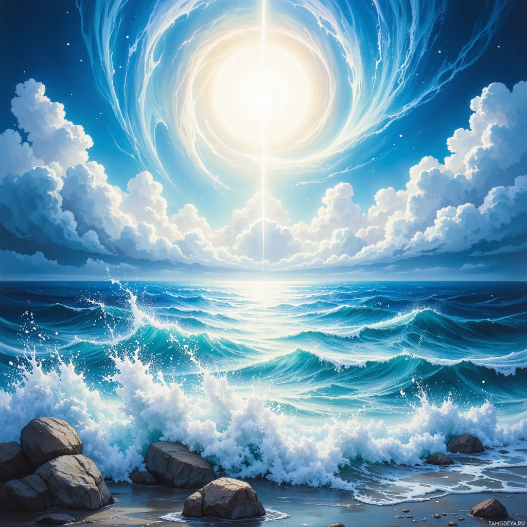 A serene ocean scene with crashing waves, fluffy clouds, and a radiant sun.
