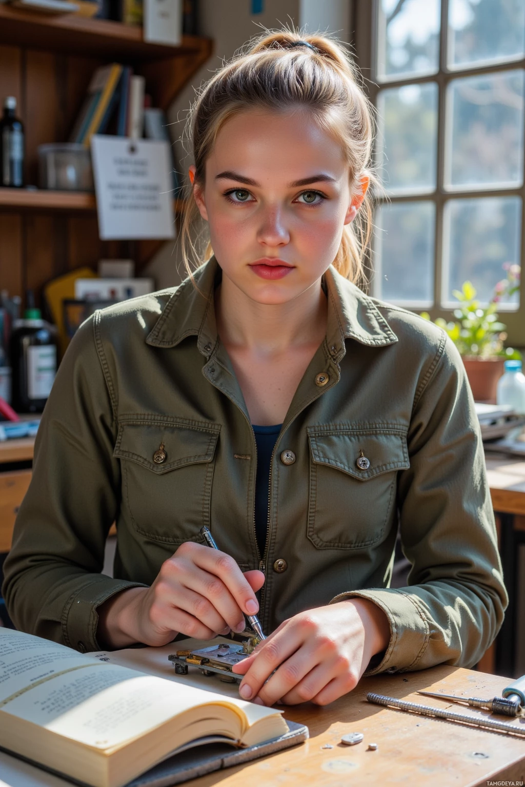 A person wearing a green shirt is working on a small mechanical device at a desk.