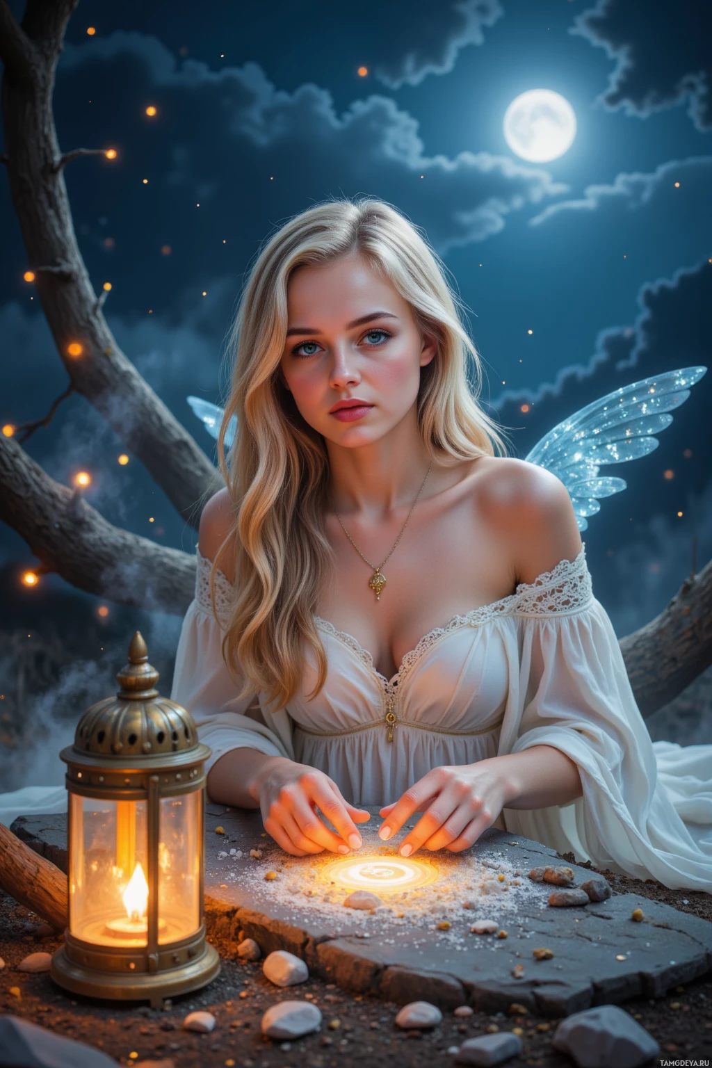 A woman with angel wings sits by a glowing lantern, surrounded by a mystical night scene.