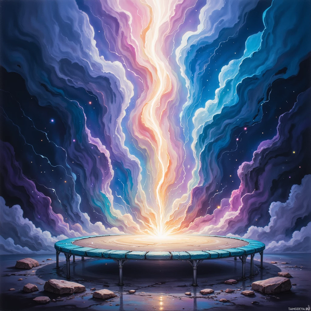 A surreal scene featuring a glowing trampoline in a cosmic landscape with swirling clouds and stars.