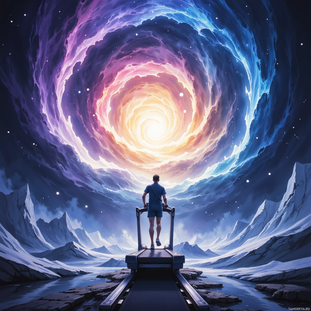 A person stands on a treadmill facing a cosmic, swirling portal in a snowy, mountainous landscape.