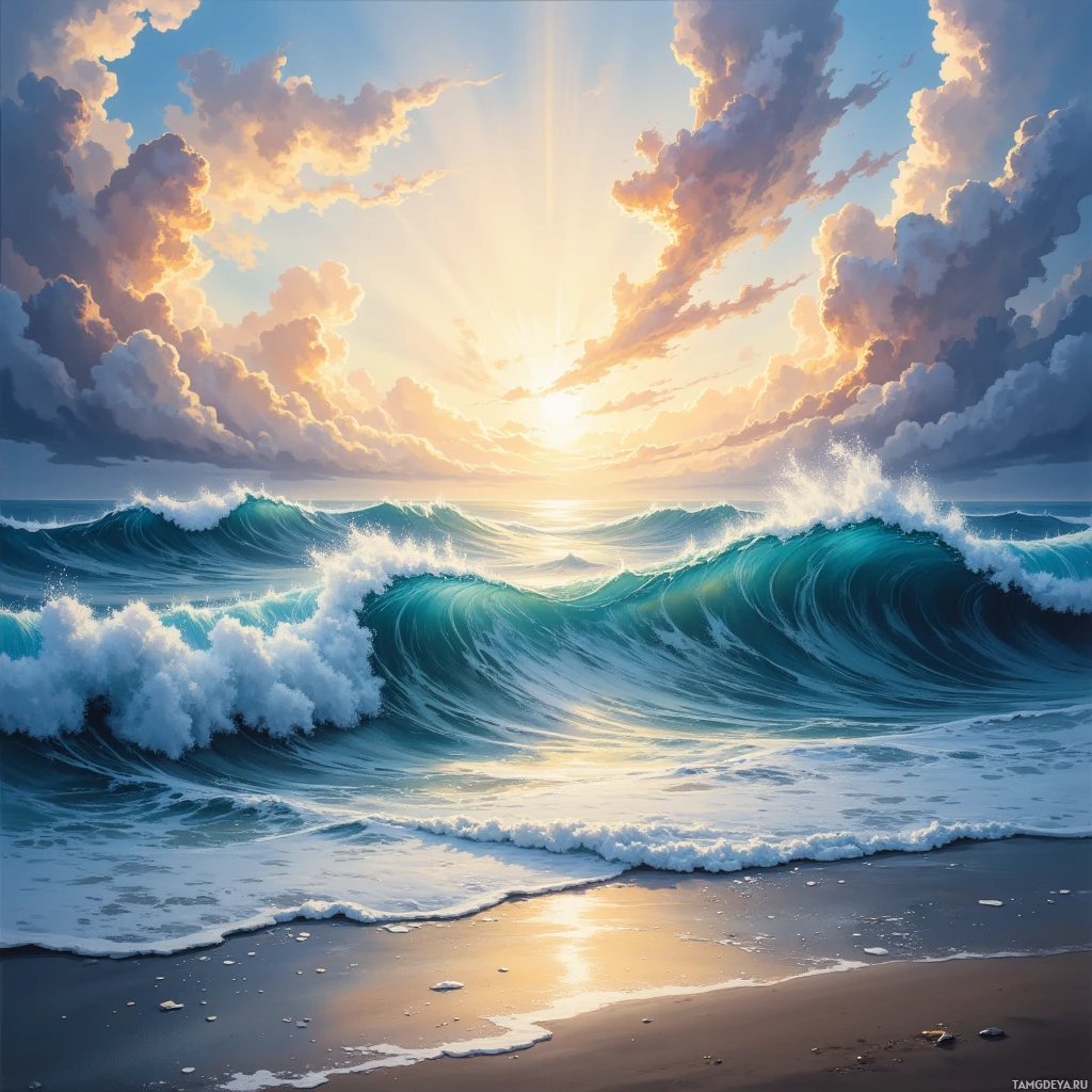 A serene sunset scene with crashing waves and a golden sky.