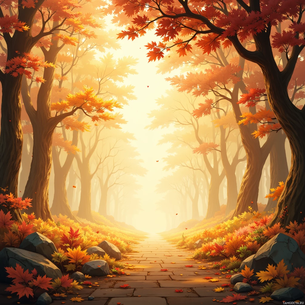 A serene autumnal forest path lined with vibrant orange and red leaves, bathed in golden sunlight.