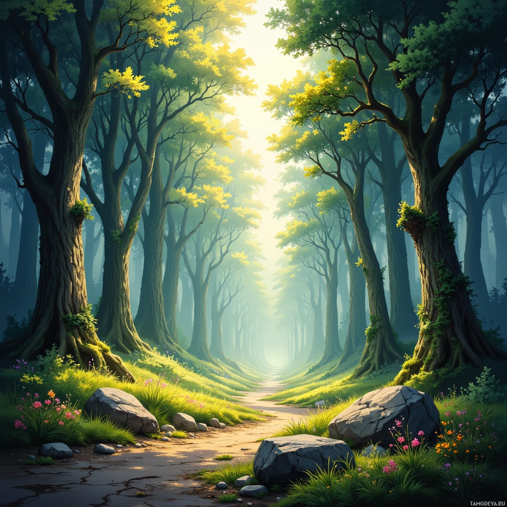 A serene forest path lined with tall trees and vibrant greenery.