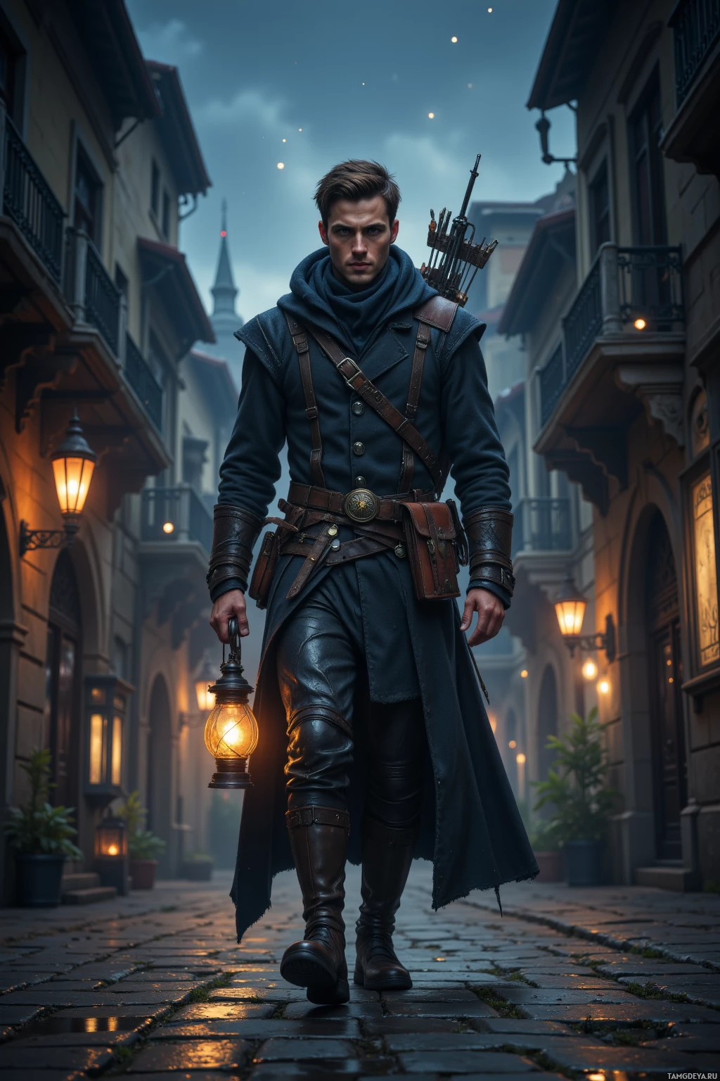 A man in a medieval-style outfit walks down a cobblestone street holding a lantern.