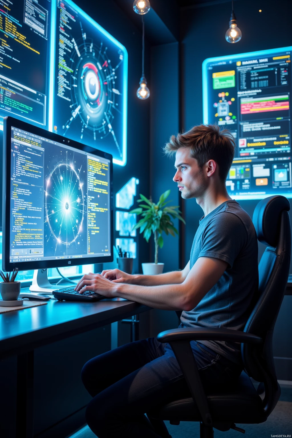 A person is seated at a desk working on a computer with multiple monitors displaying code and data.