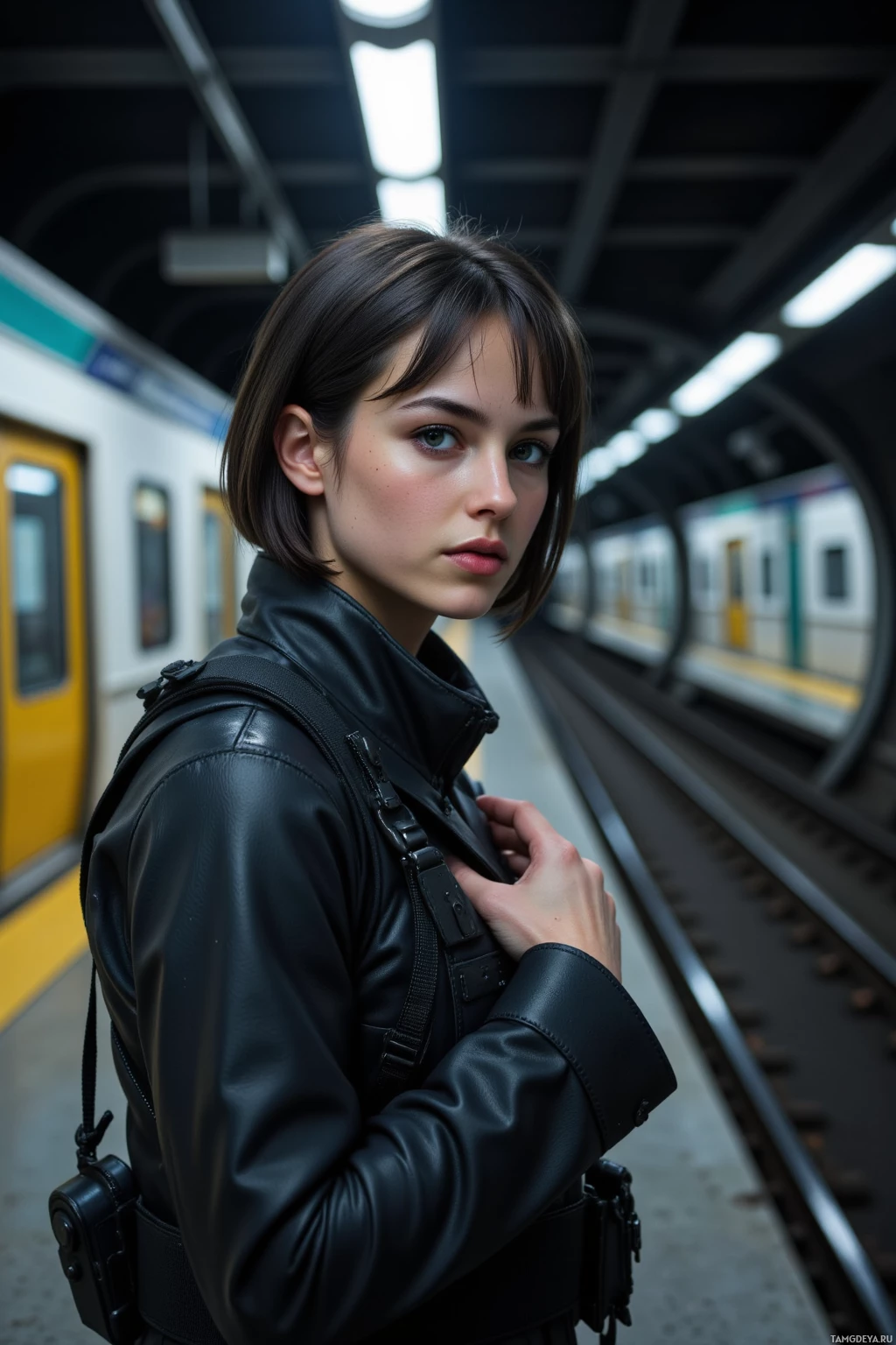 A person in a black leather jacket stands on a subway platform.