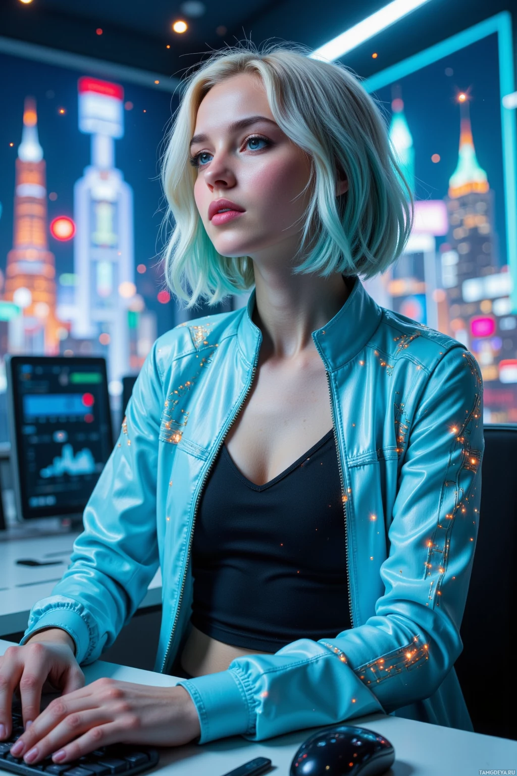 A person with short, light-colored hair wearing a blue jacket with glowing accents is seated at a desk, typing on a keyboard.