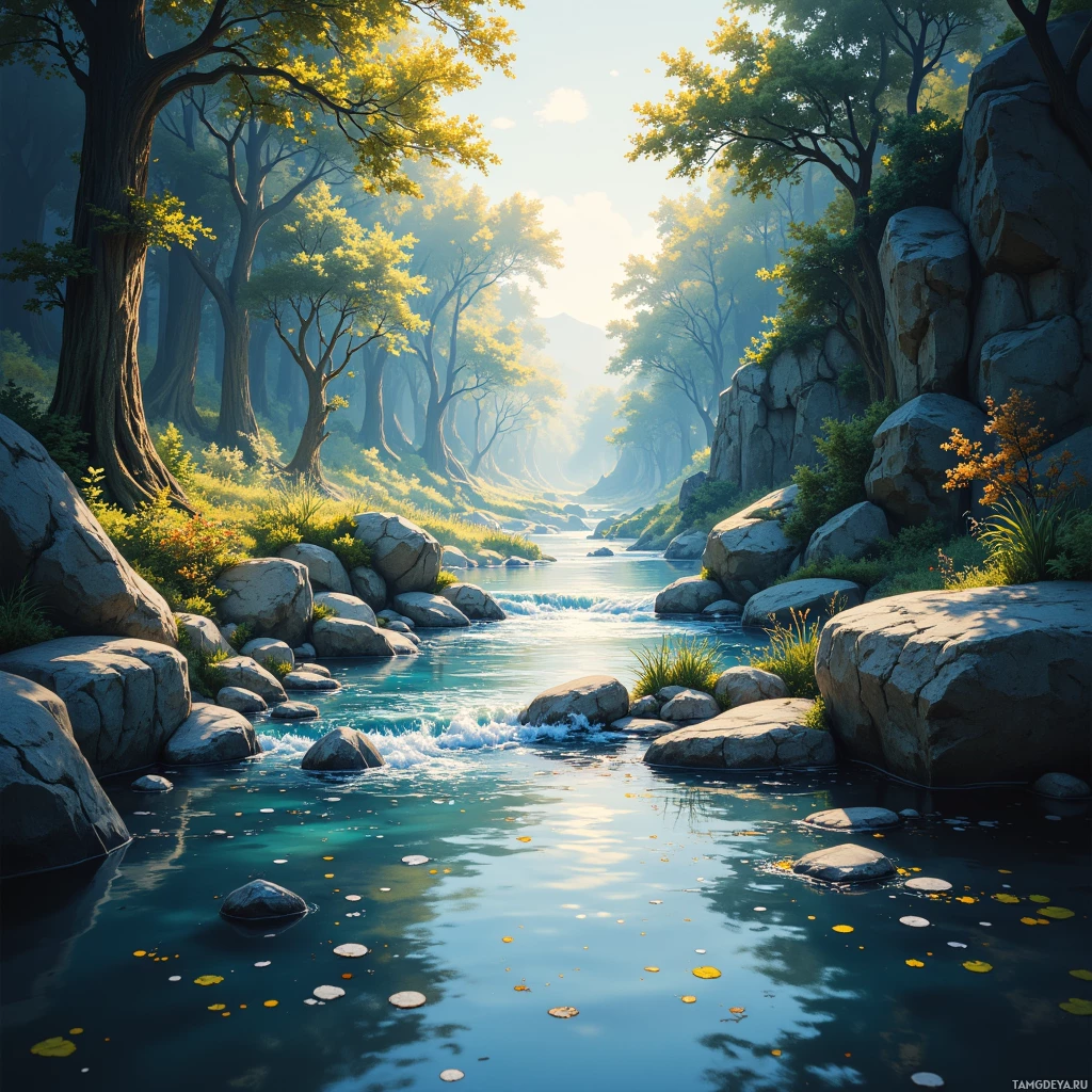 A serene river flows through a lush forest with sunlight filtering through the trees.