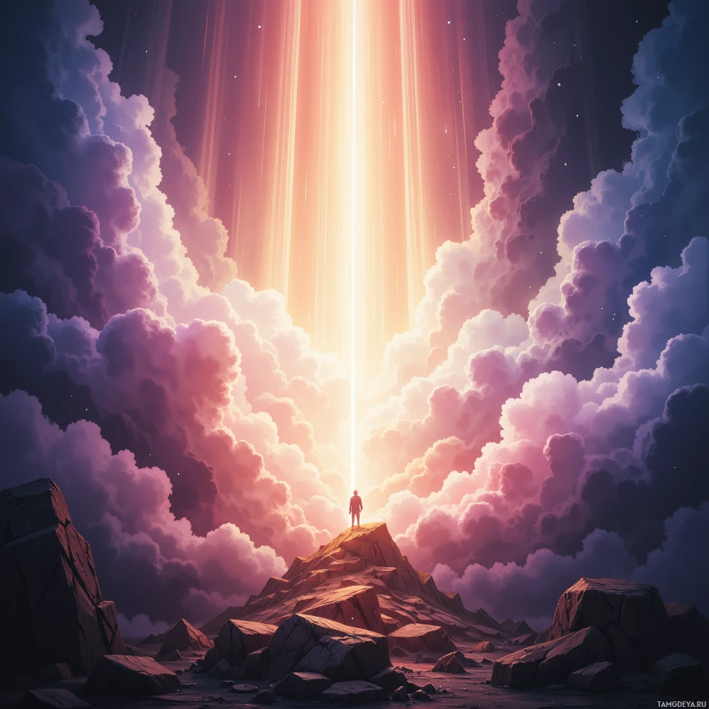 A lone figure stands atop a rocky peak, gazing upward at a radiant beam of light piercing through a dramatic sky filled with clouds.