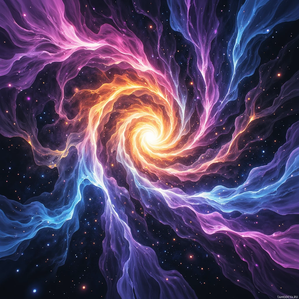 A vibrant cosmic swirl with swirling patterns of purple, blue, and orange against a starry background.