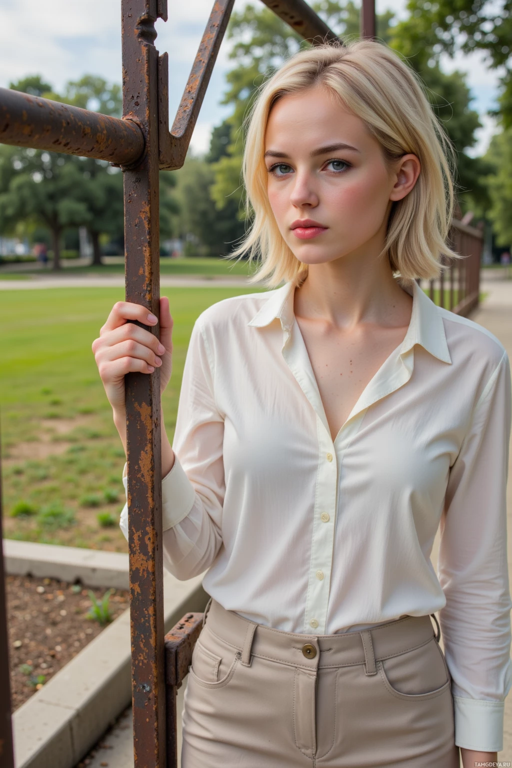 A person in a white blouse and beige pants stands outdoors, holding onto a rusted metal structure.