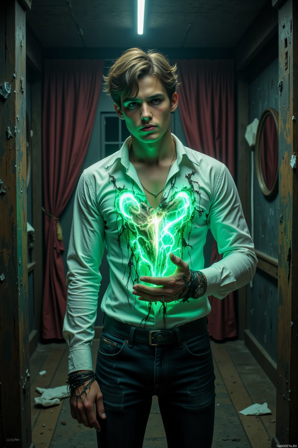 A person stands in a dimly lit hallway, wearing a white shirt with glowing green energy emanating from the chest area.