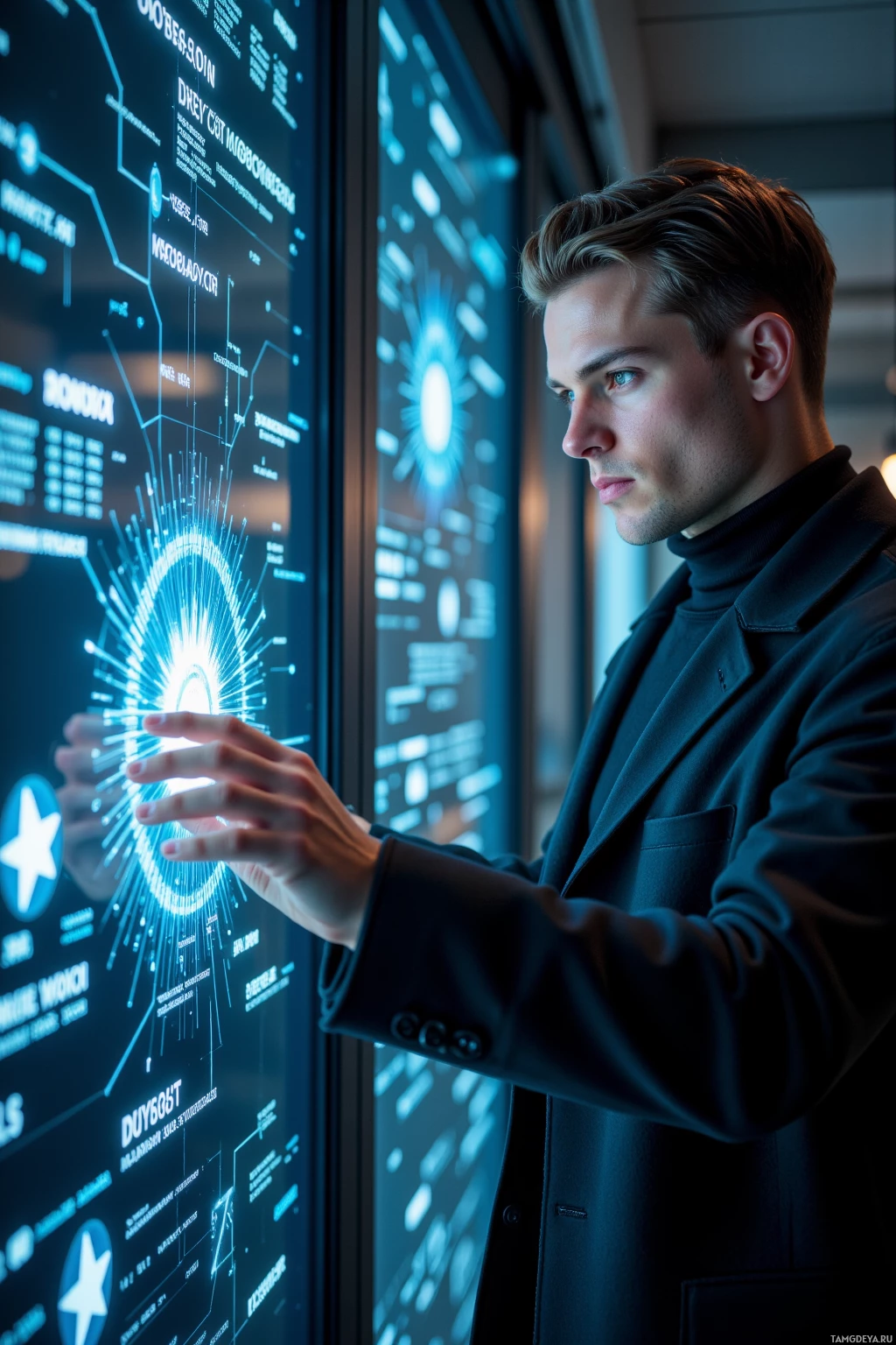 A man in a suit interacts with a futuristic digital interface.