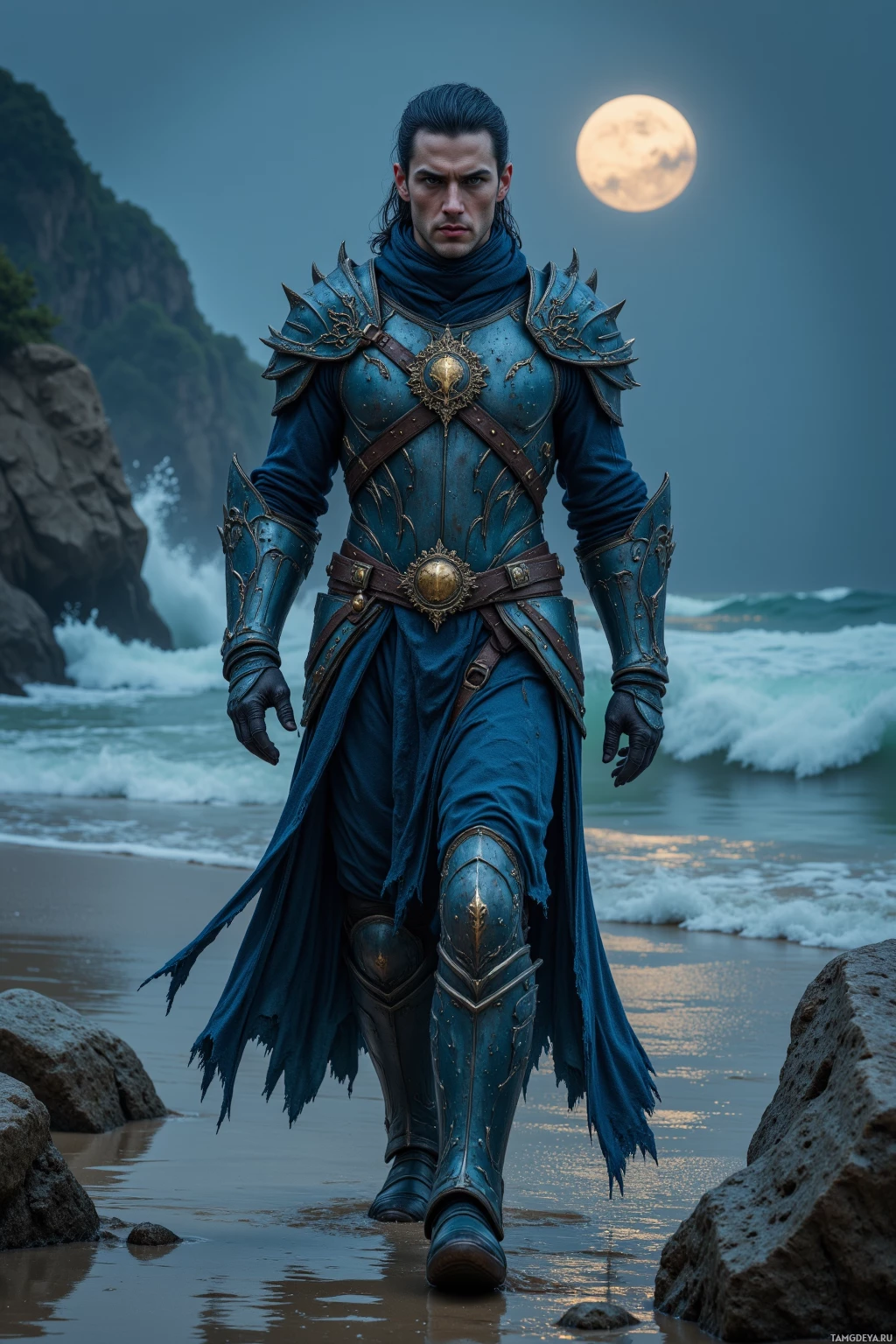 A warrior in ornate blue armor walks along a beach under a full moon.