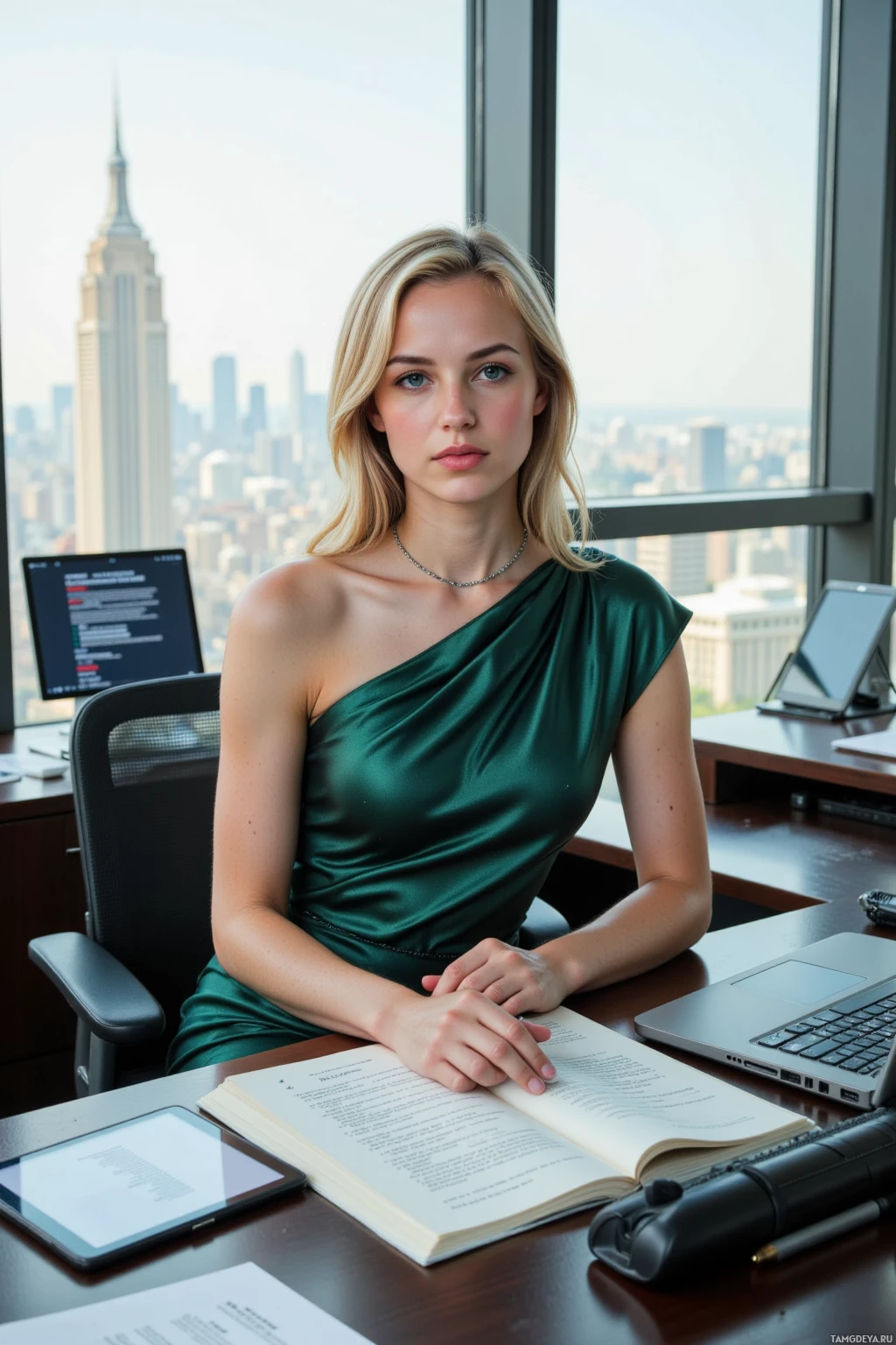 A woman in a green dress sits at a desk with a laptop, tablet, and book, overlooking a cityscape.
