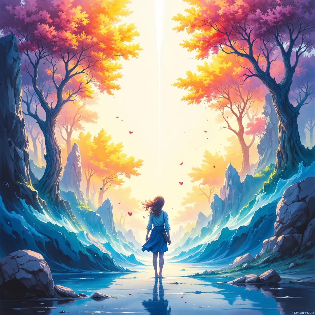 A person stands at the edge of a serene body of water, surrounded by vibrant autumn trees and towering rocky cliffs.