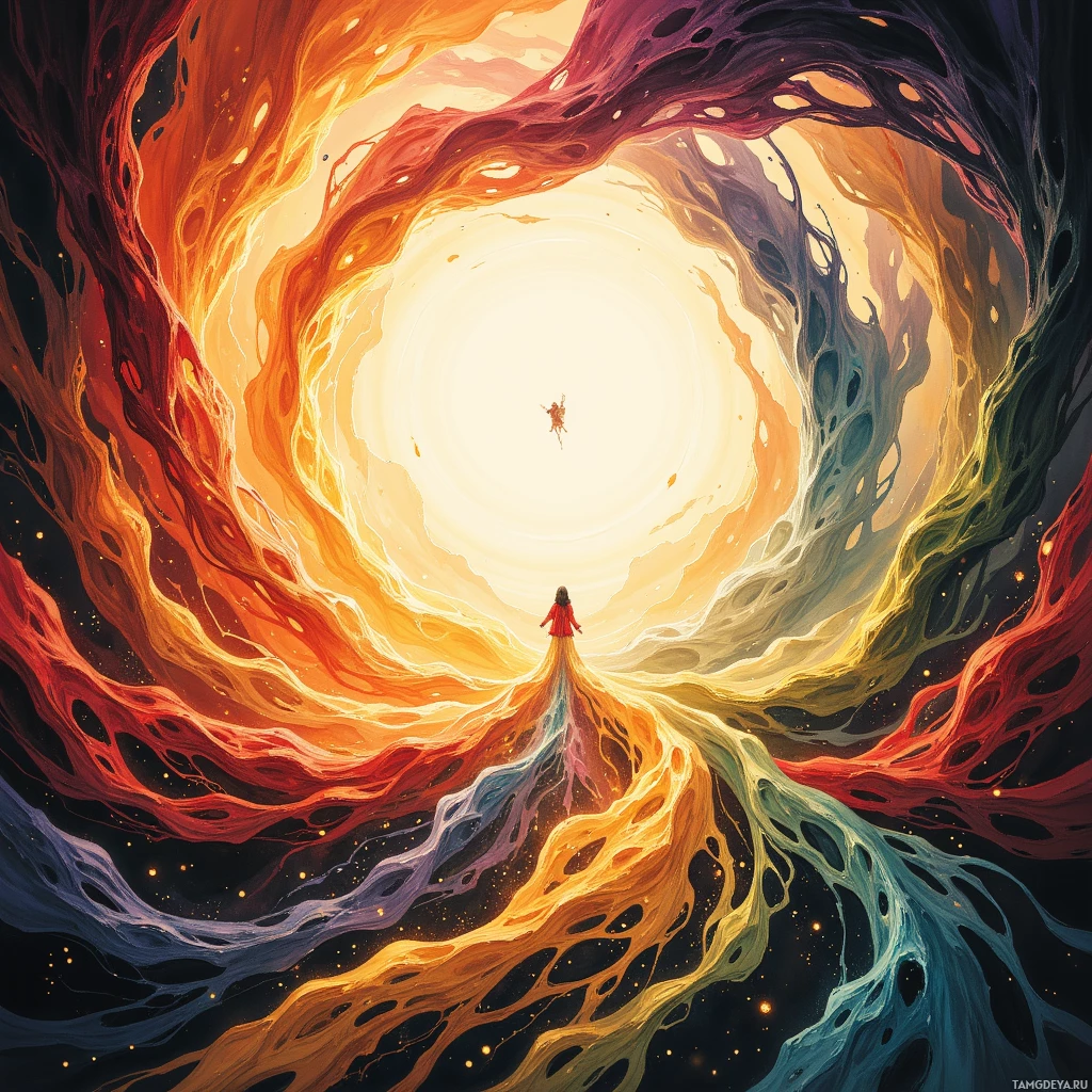A figure stands at the center of a swirling, colorful vortex leading to a bright light.