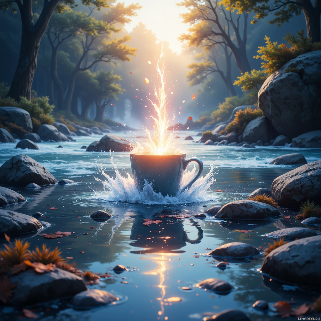 A serene forest scene with a glowing cup of coffee floating on a river.