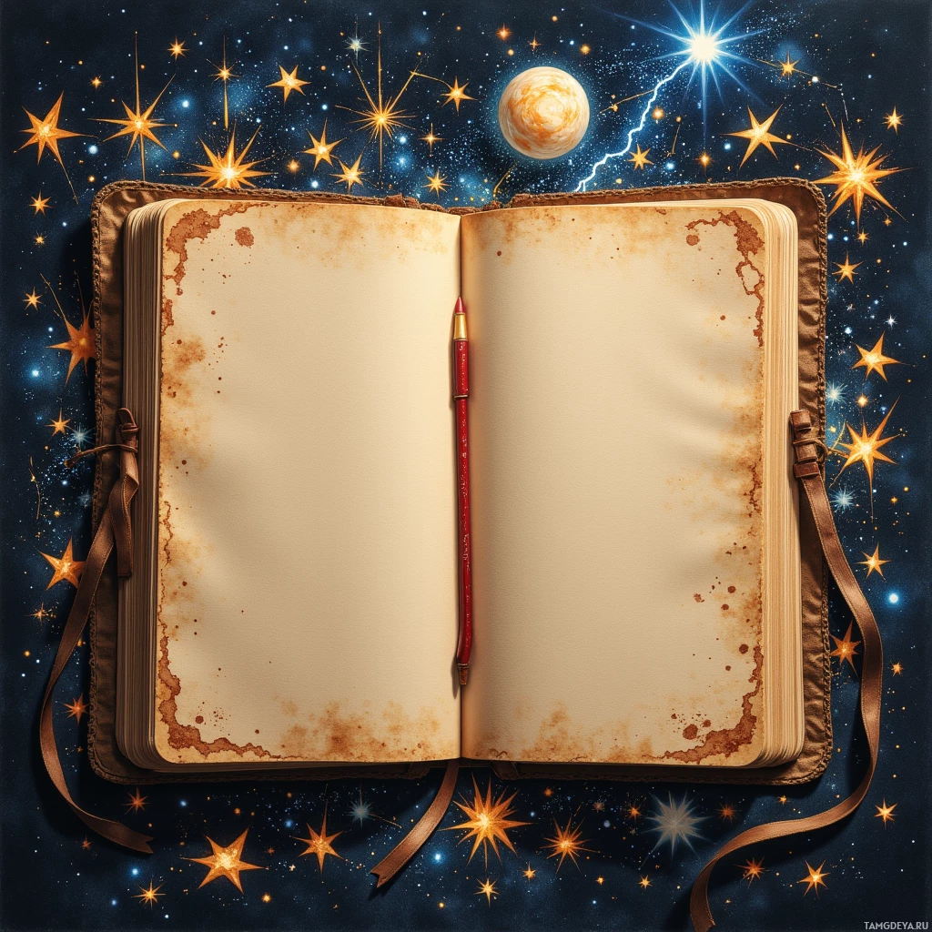 An open, old book with a red pen, set against a cosmic background with stars and a planet.