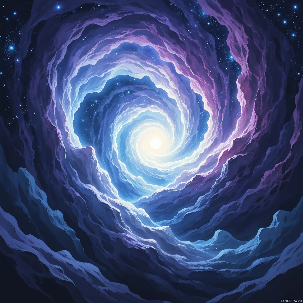 A swirling cosmic tunnel with a bright light at the center, surrounded by stars and deep space hues.