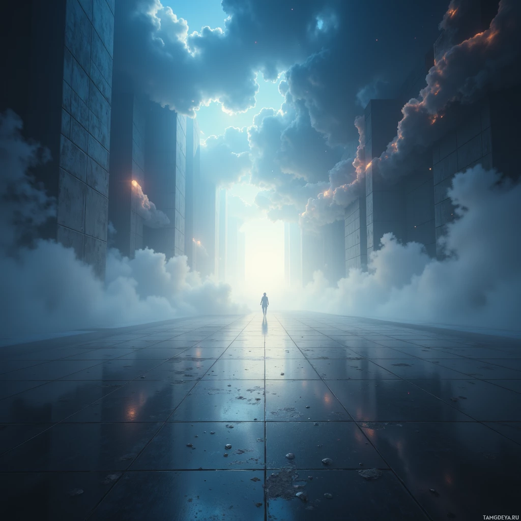 A lone figure walks towards a bright, ethereal light at the end of a long, cloud-filled corridor.