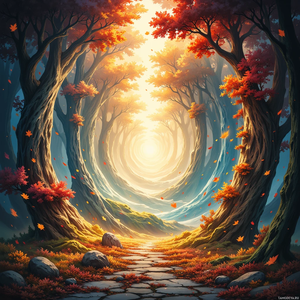 A serene autumn forest scene with a winding path leading towards a bright, glowing light at the end.
