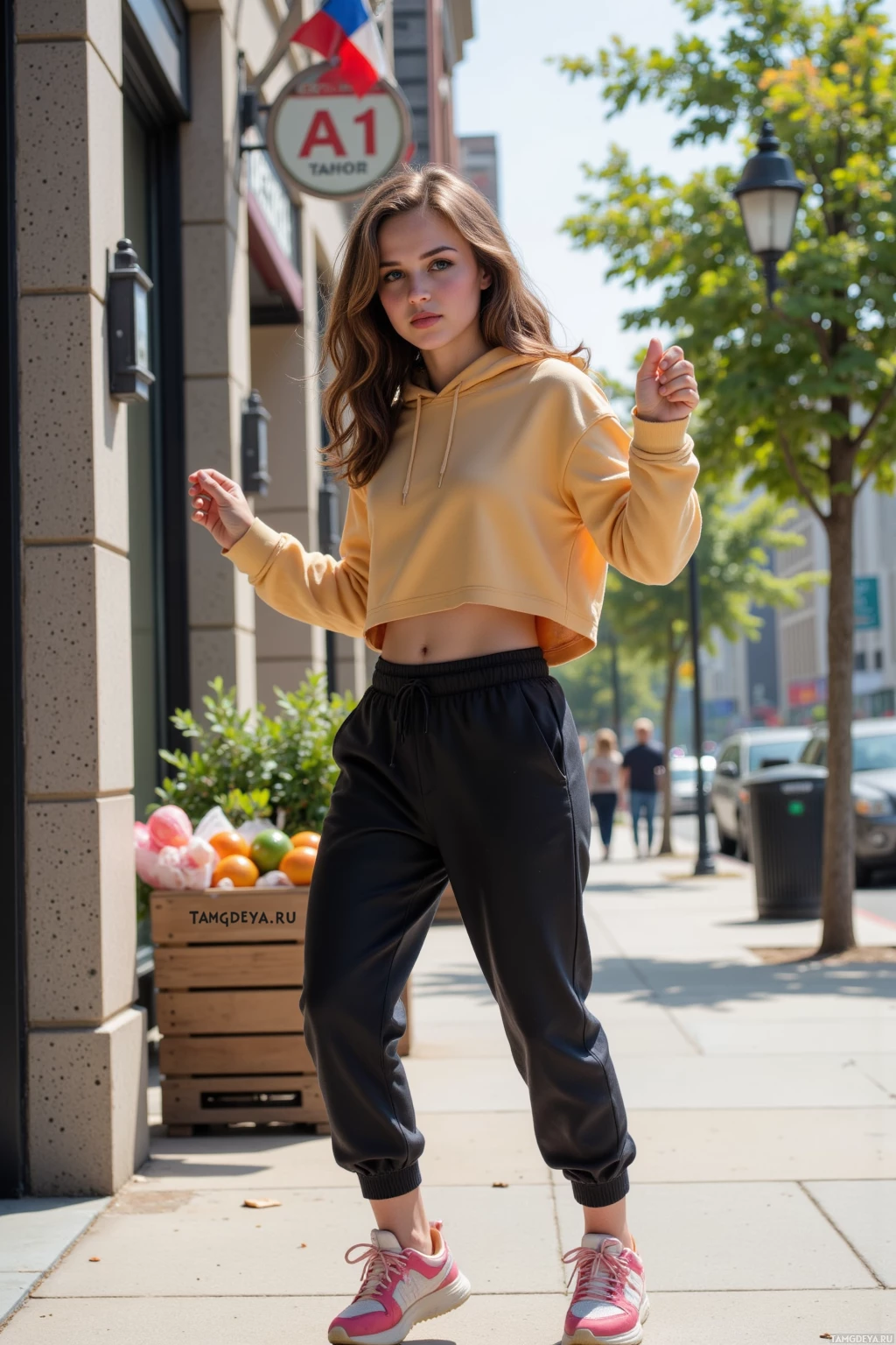 A person wearing a cropped hoodie and sweatpants stands on a sidewalk.