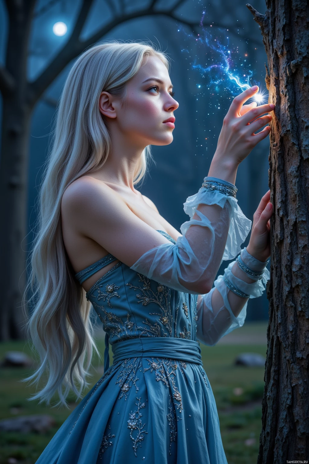 A woman in a blue dress stands beside a tree, her hand touching the bark, with a glowing effect near her hand.