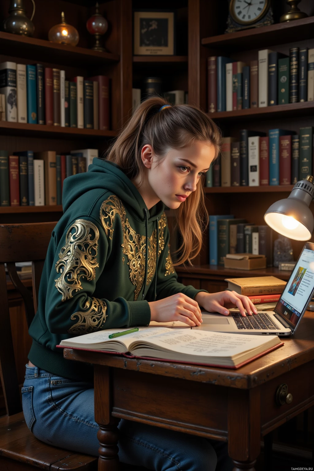A young woman in a green hoodie is studying at a desk with a laptop and books.