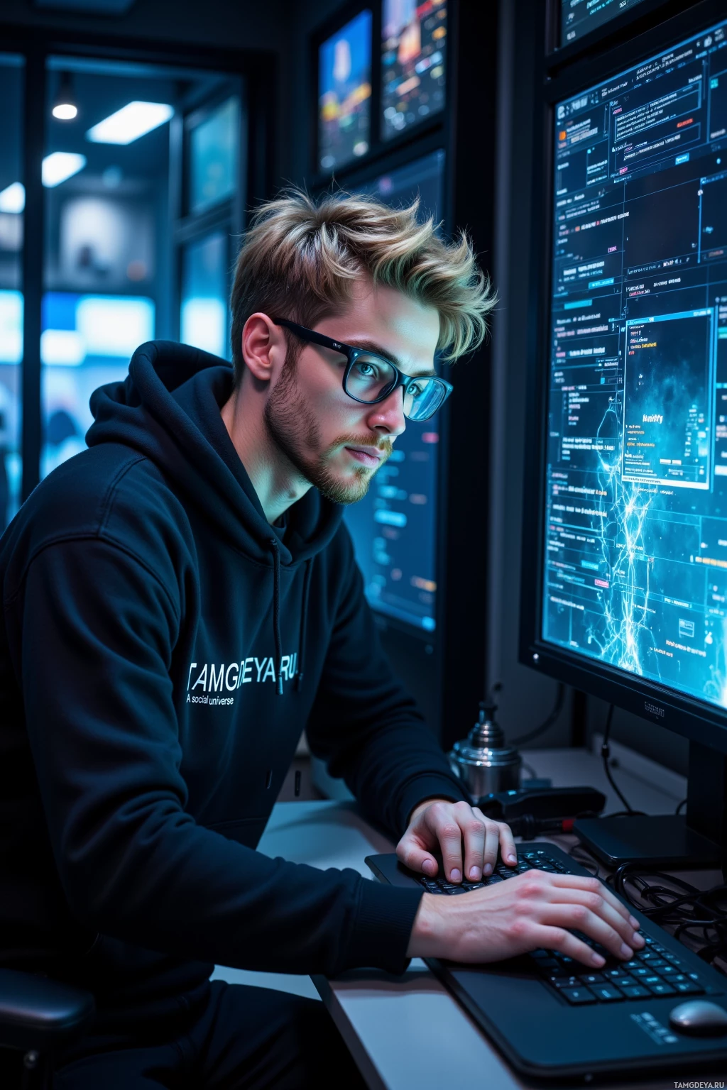 A person wearing a hoodie and glasses is working at a computer with multiple screens displaying technical data.