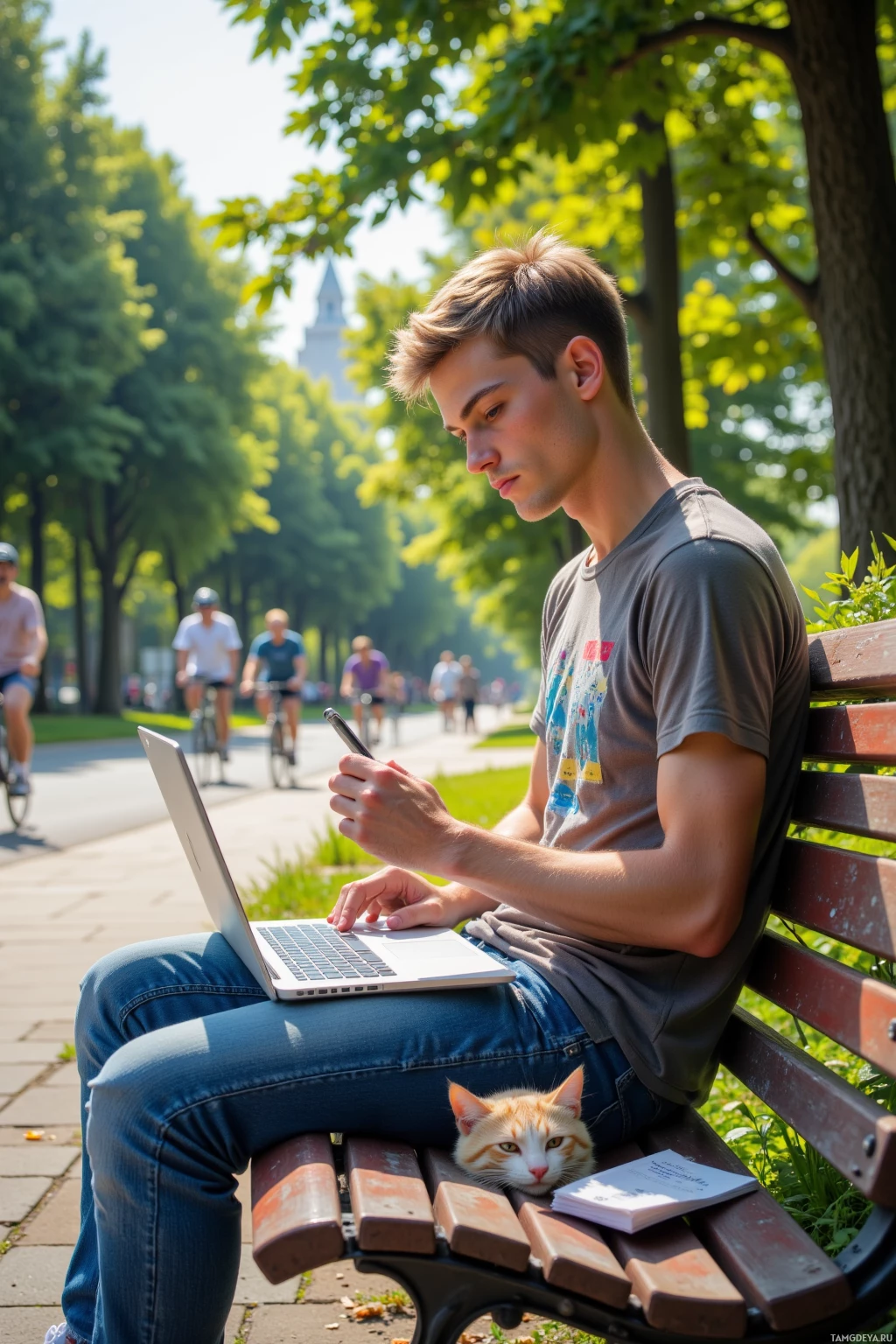A person sits on a bench in a park, using a laptop while a cat rests beside them.