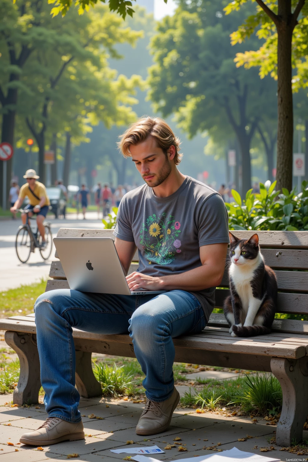 A man sits on a park bench using a laptop, accompanied by a cat.