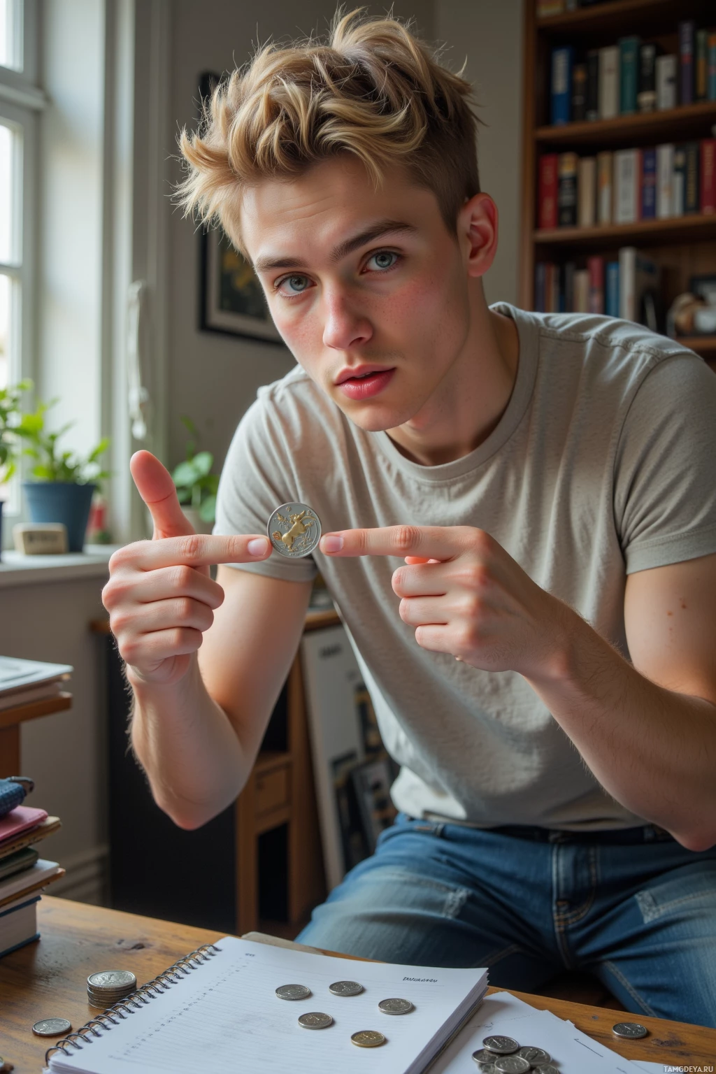 A young person is sitting at a desk, holding a coin and pointing at it with their other hand.