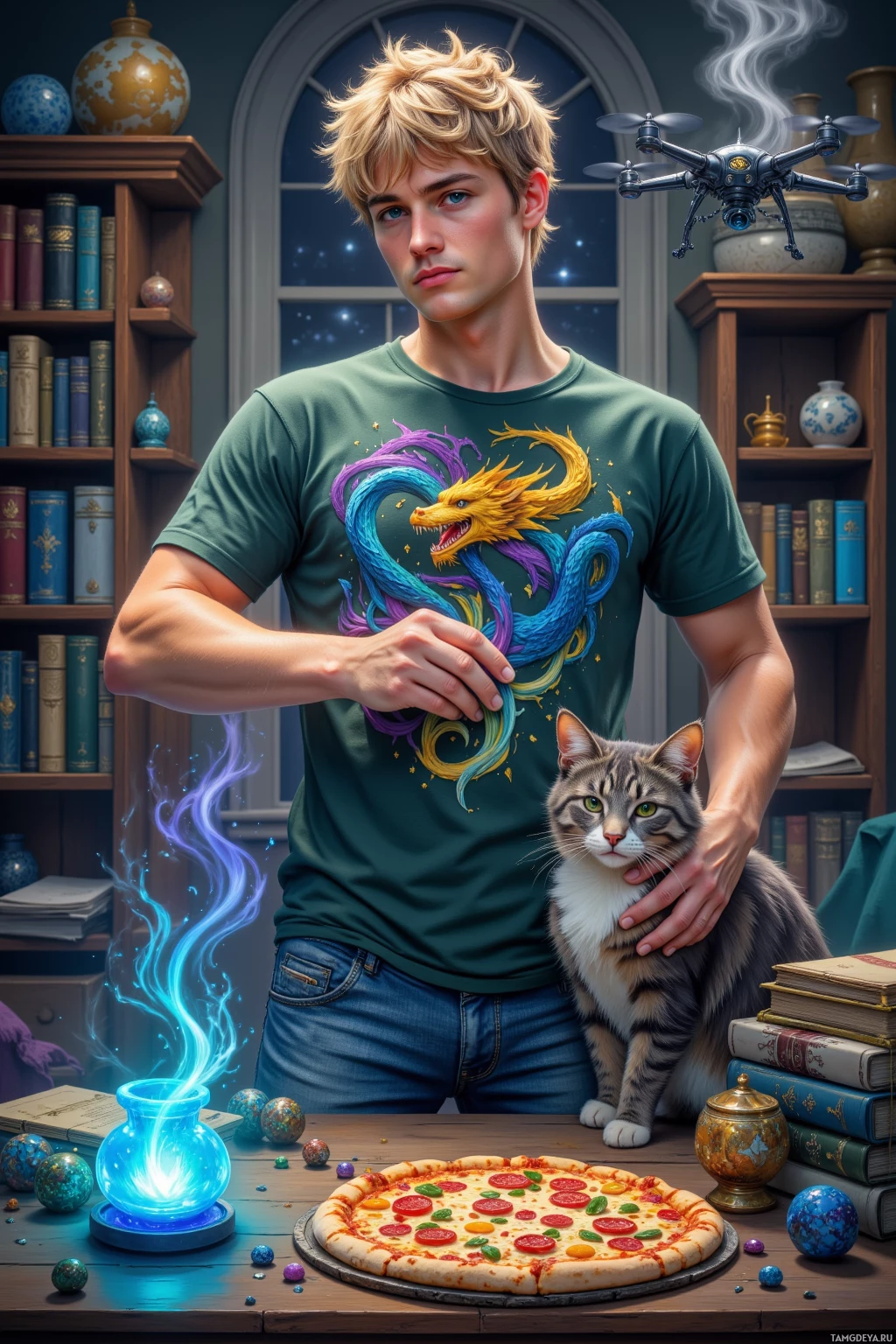 A person wearing a green t-shirt with a dragon design, holding a cat, with a glowing blue orb and a pizza on a table.