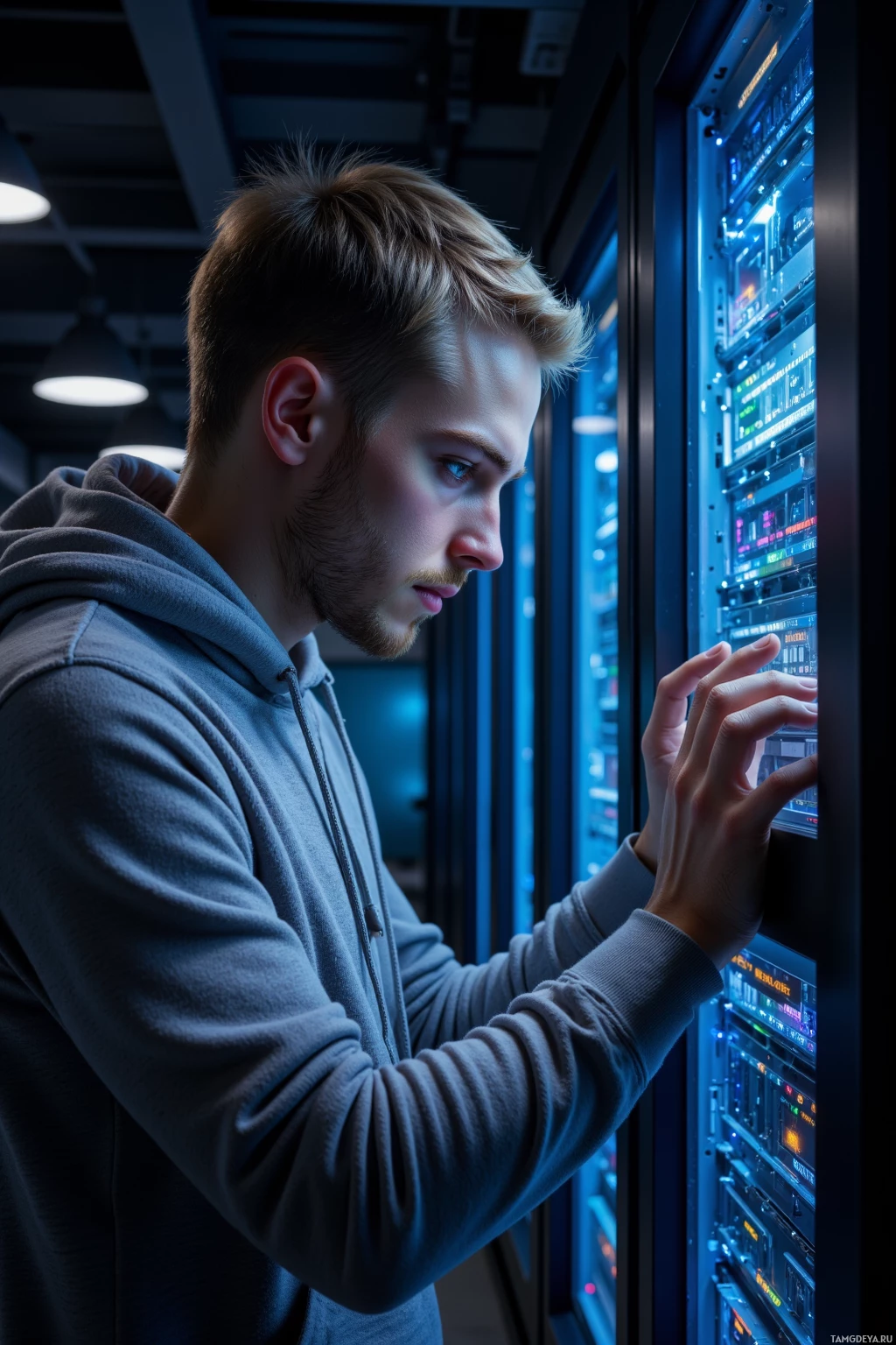 A person in a hoodie is interacting with a server rack in a dimly lit room.