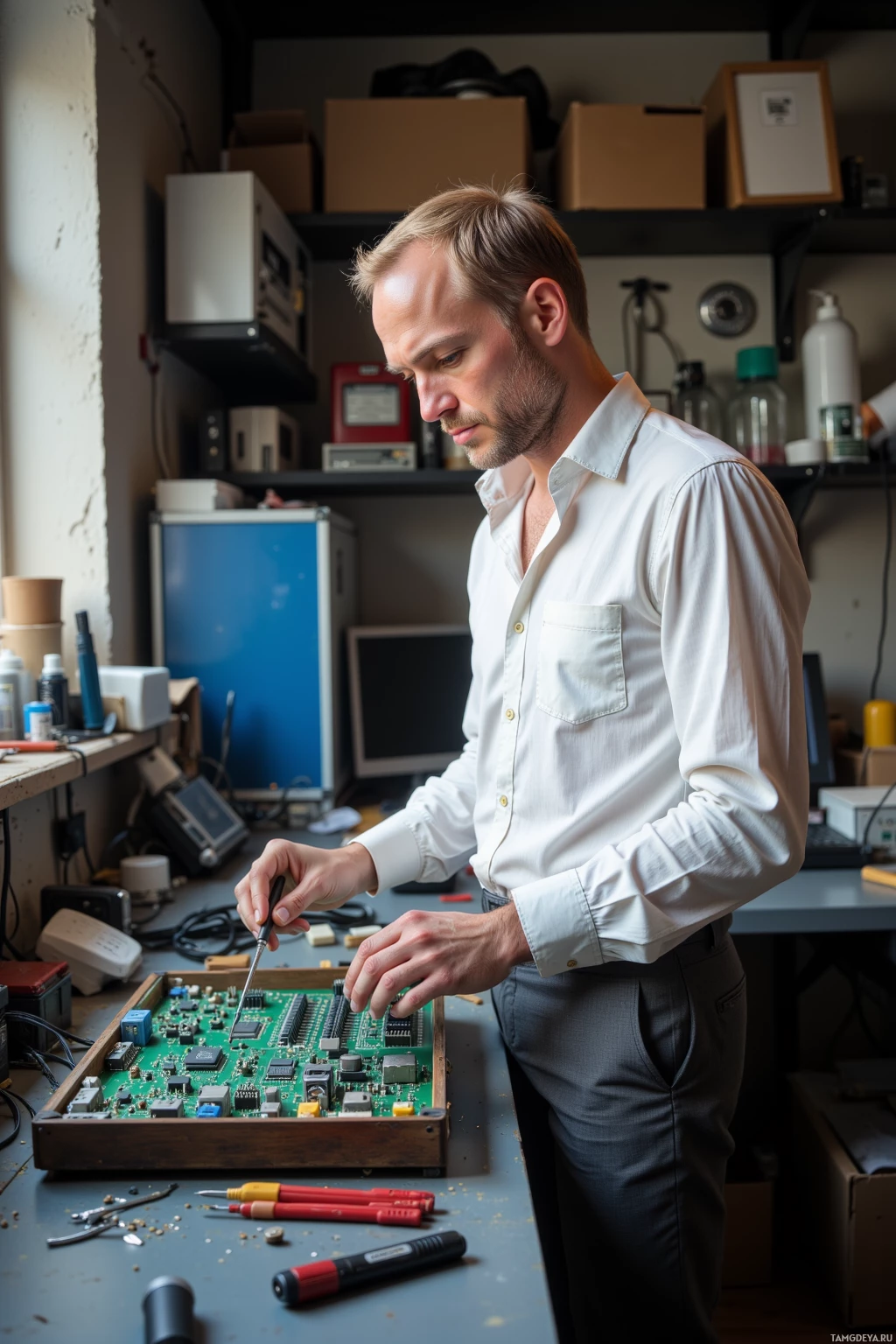 A man in a white shirt works on a circuit board in a cluttered workshop.