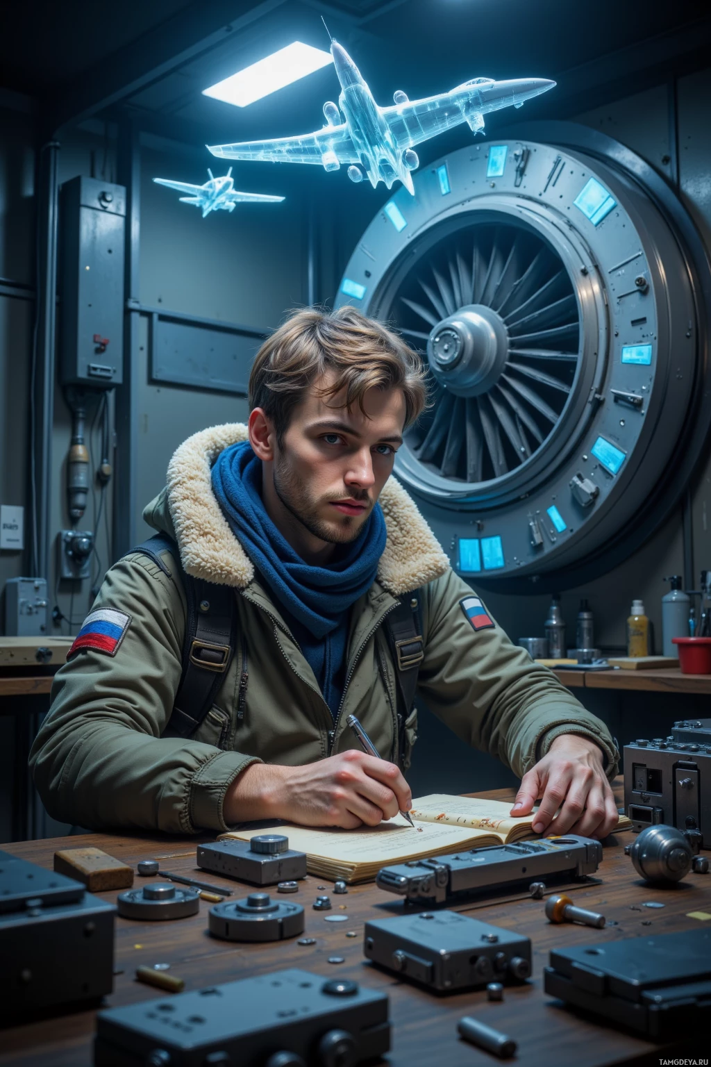 A person in a military-style jacket is working at a desk with various tools and a holographic projection of an aircraft in the background.