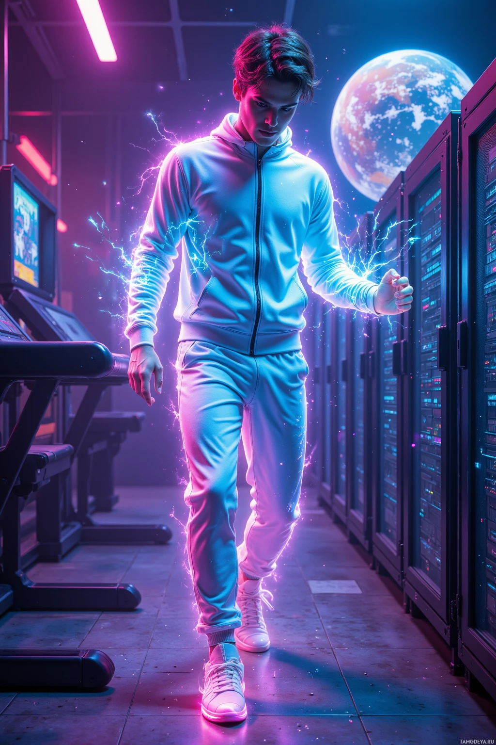 A person in a futuristic setting with glowing effects and a large planet in the background.