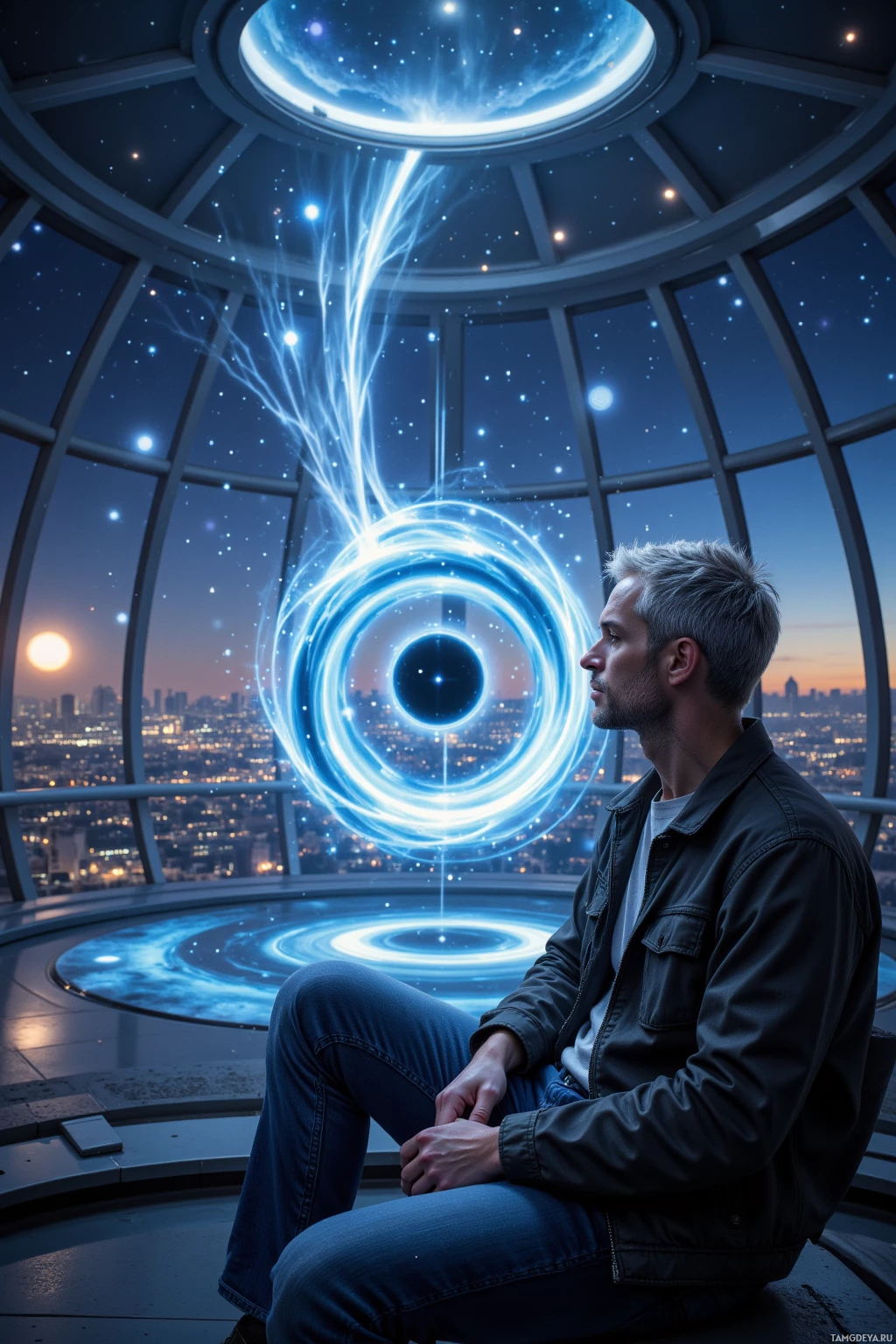 A man sits contemplatively in a futuristic observatory, gazing at a swirling cosmic portal.