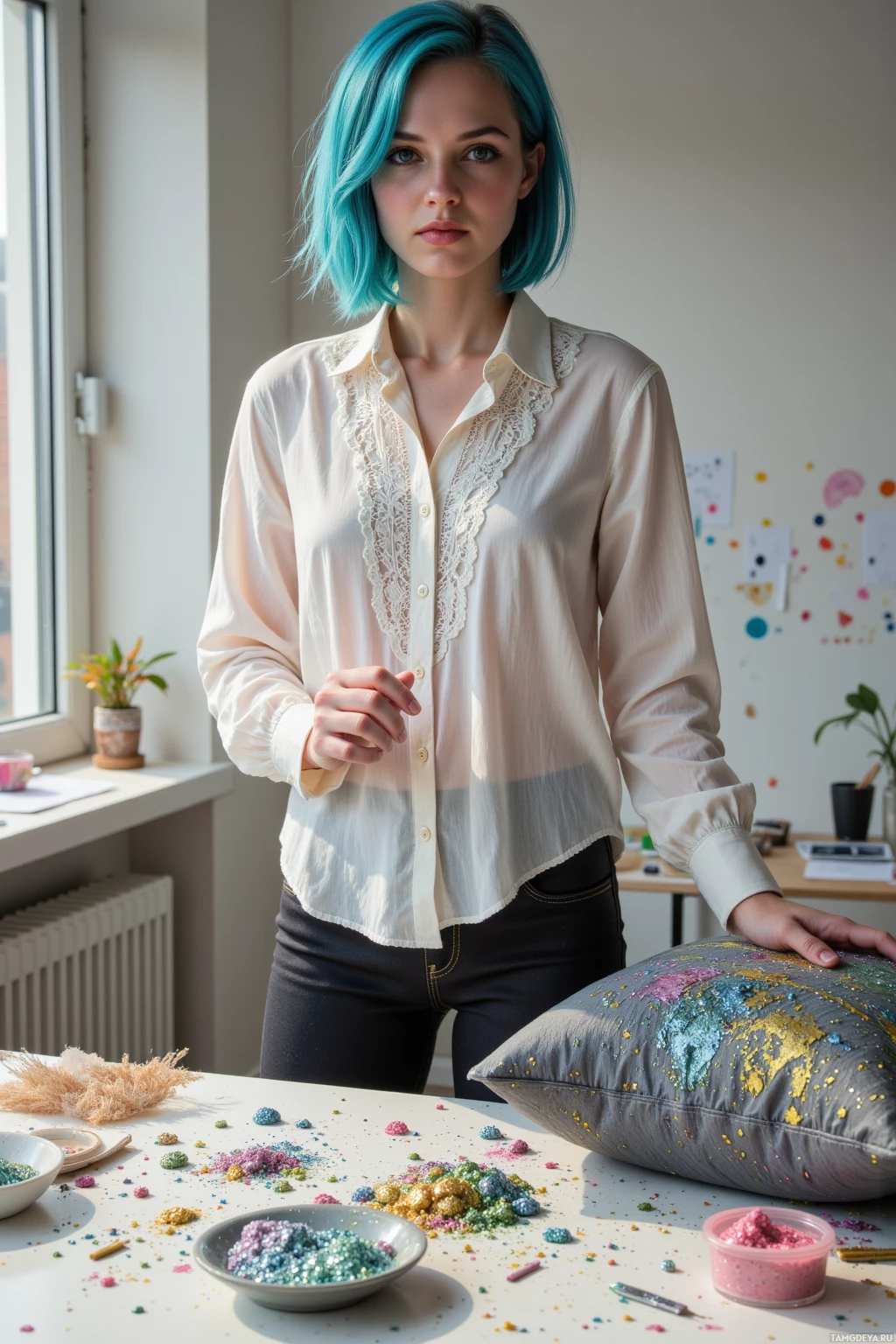 A person with blue hair stands in a room with a table covered in colorful powders and a pillow.