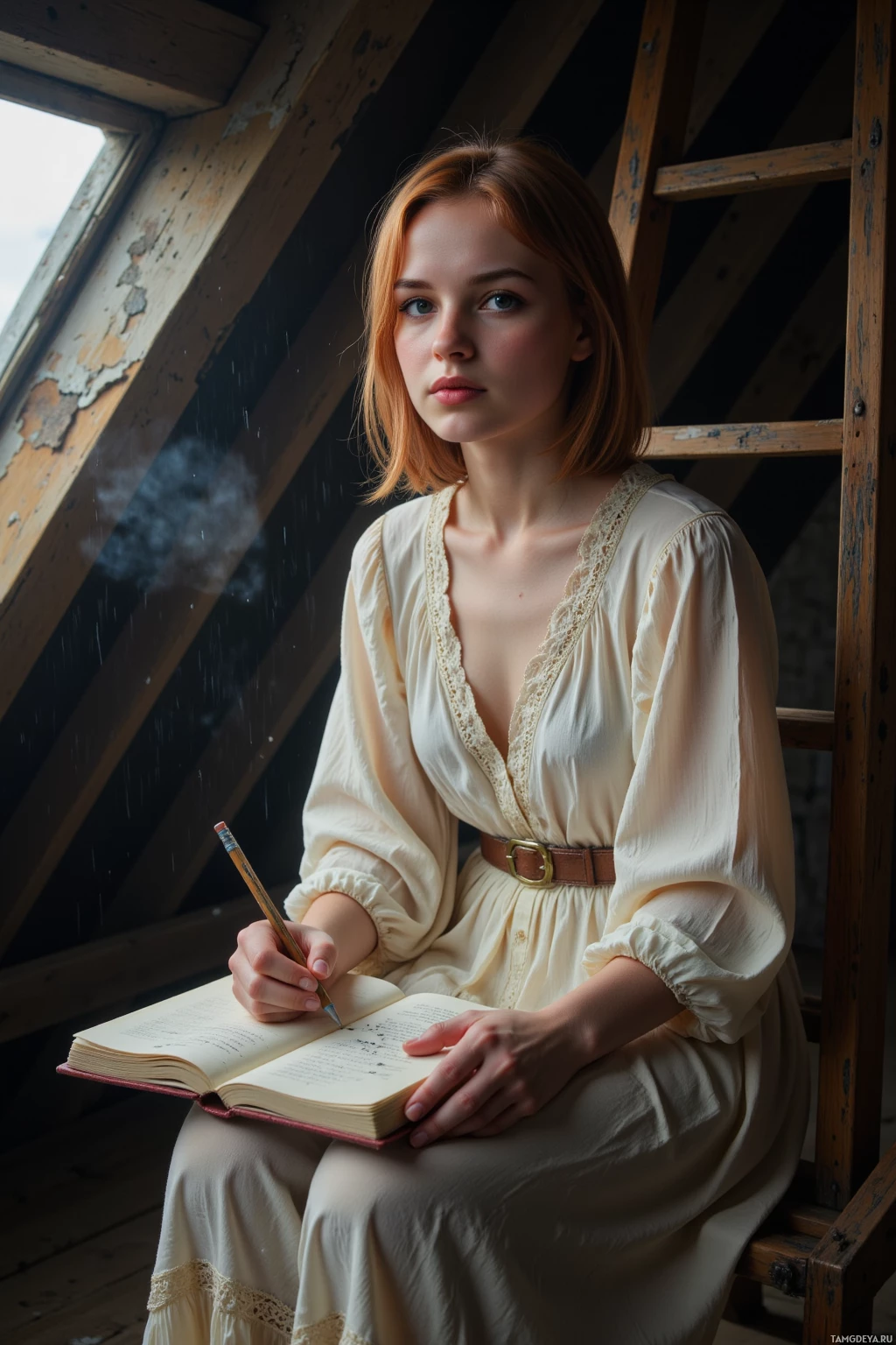 A woman in a cream dress sits on a wooden ladder, writing in a notebook.
