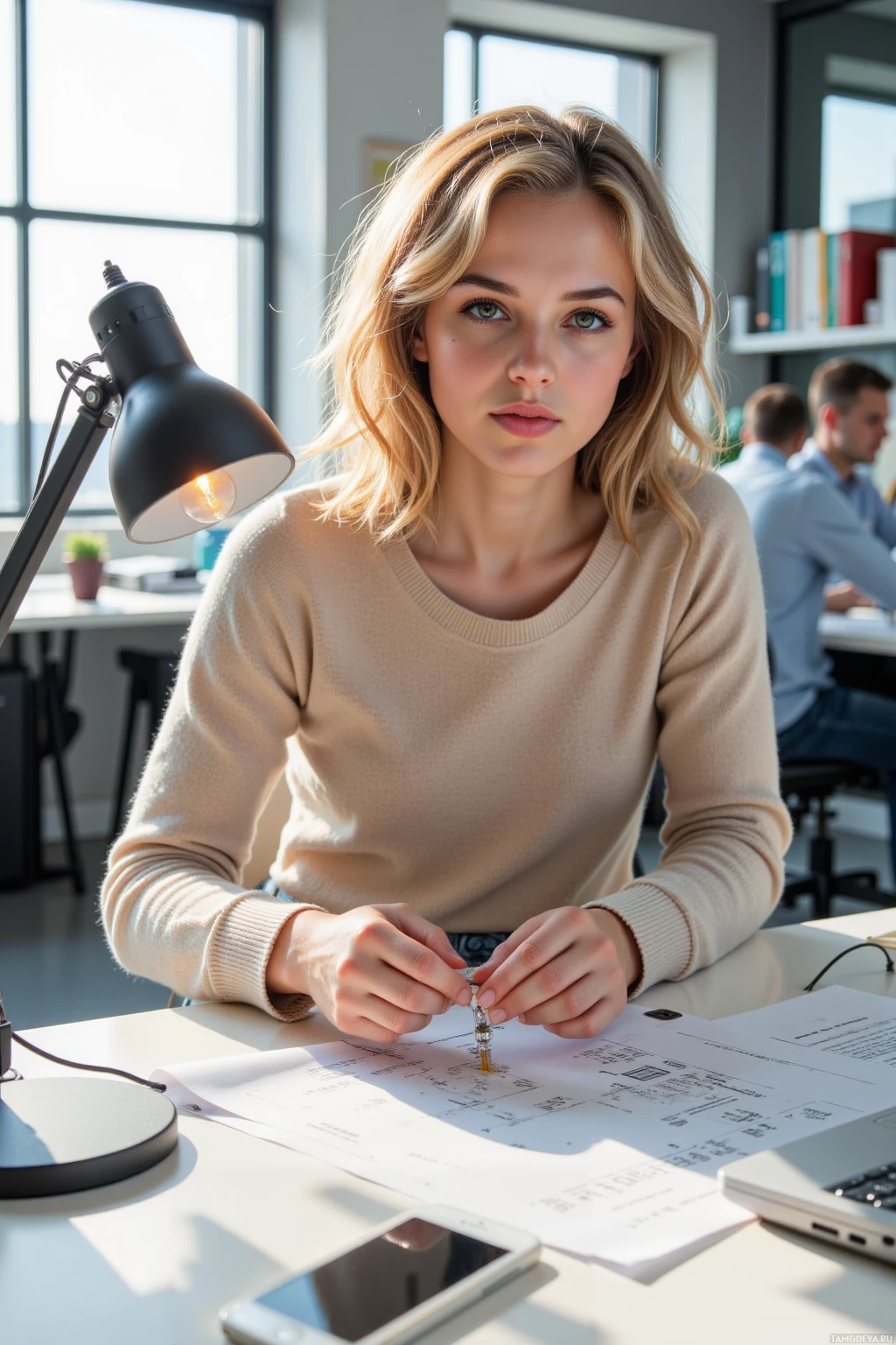A woman sits at a desk in a well-lit office, working on documents with a lamp providing focused light.